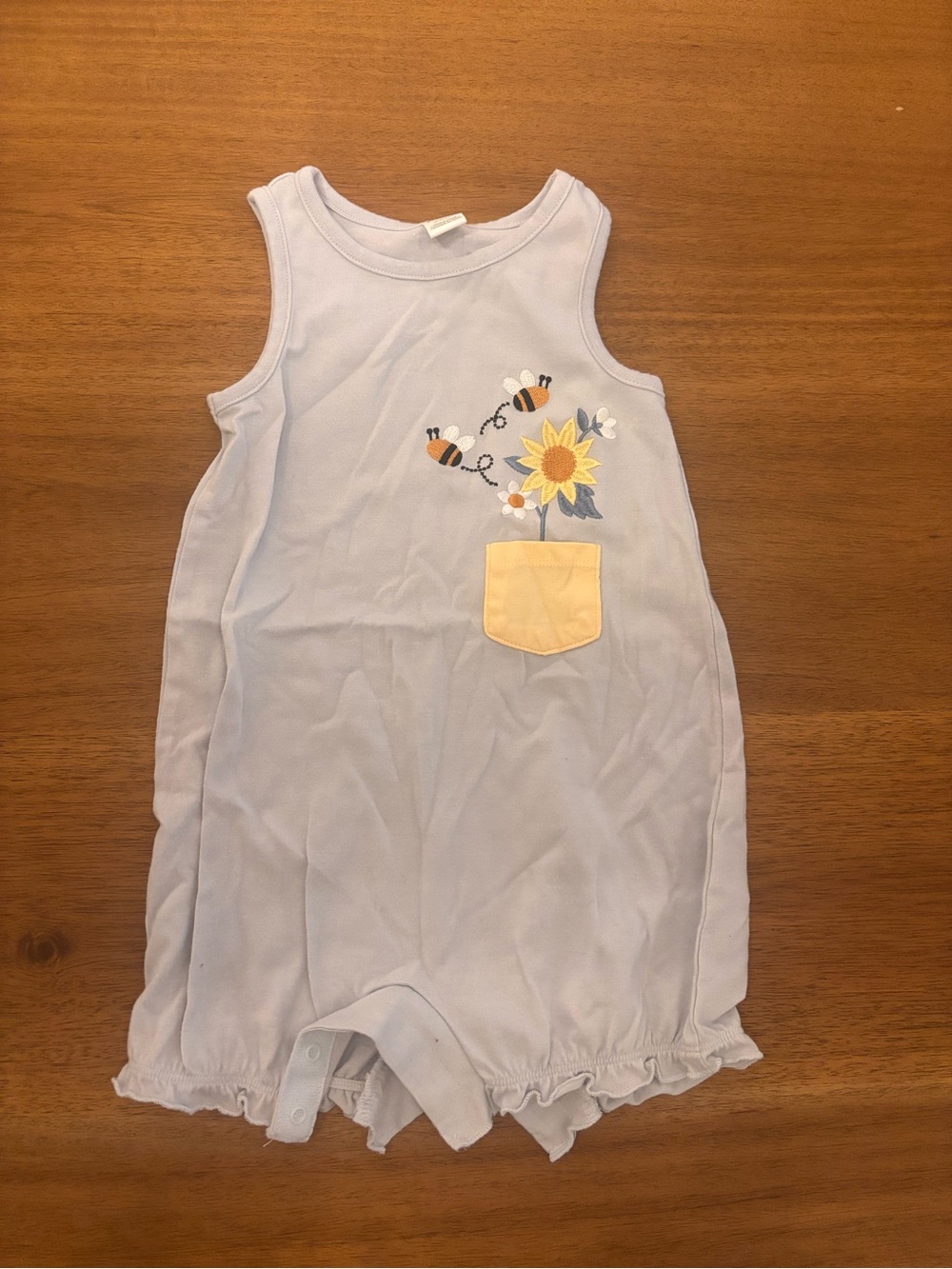 Petit Lem Baby | Embroidered Sunflower Bee Romper - Light Blue & Yellow | 24M